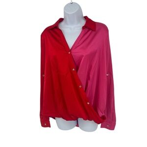 NWT ODDY Colorblock Pink Red Faux Button-Front Women's Wrap Office Blouse Small